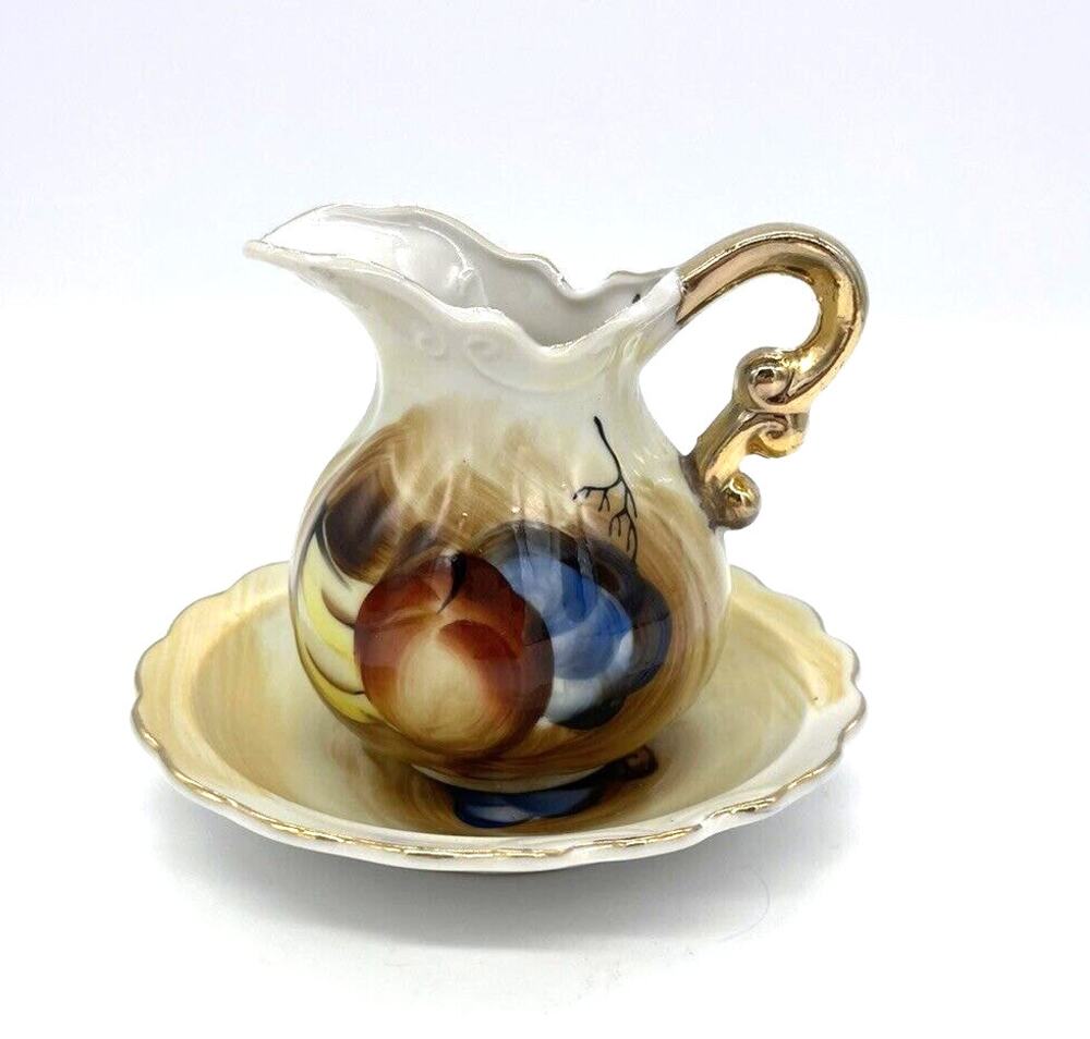 Vintage Norcrest Hand Painted Fruit Mini 3.5" Tall Pitcher & Bowl Set Japan